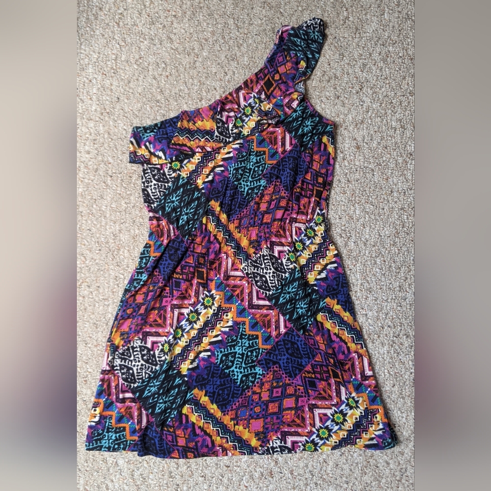 Pink Rose Blue and Pink Asymmetrical One-Shoulder Sundress